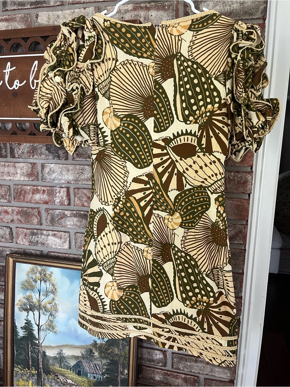 FARM Rio Olive, Cream & Brown Floral Mini Dress with Ruffled Puff Sleeves - Picture 3 of 4